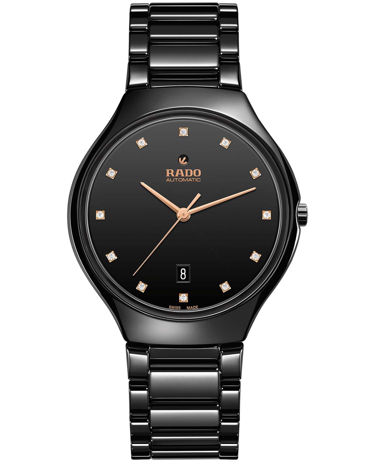 Rado Rado True Thinline Automatic Diamonds R27113722 Automatic R27113722 механические мужские часы черный циферблат, браслет высокотехнологичная керамика — вид спереди